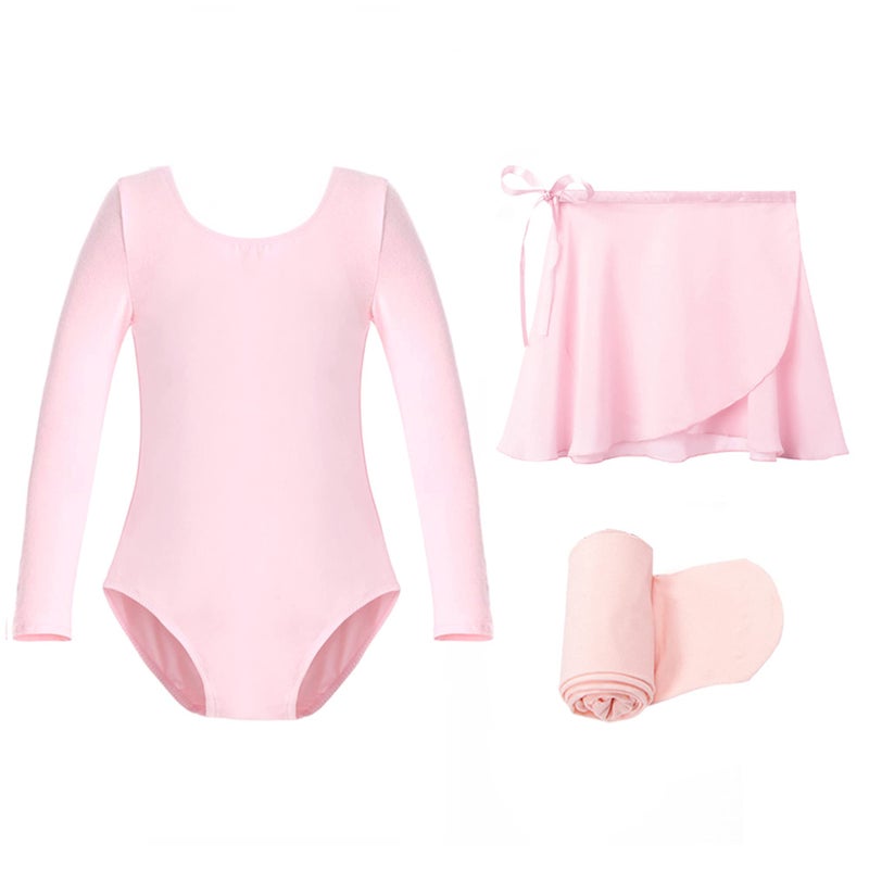 Stelle Girls Long Sleeve Dance Active Dress Ballet Leotard Combo with Dance Skirt and Dance Tight (Ballet Pink (Adjustable Tie), 85, 2-3T) - Image 1